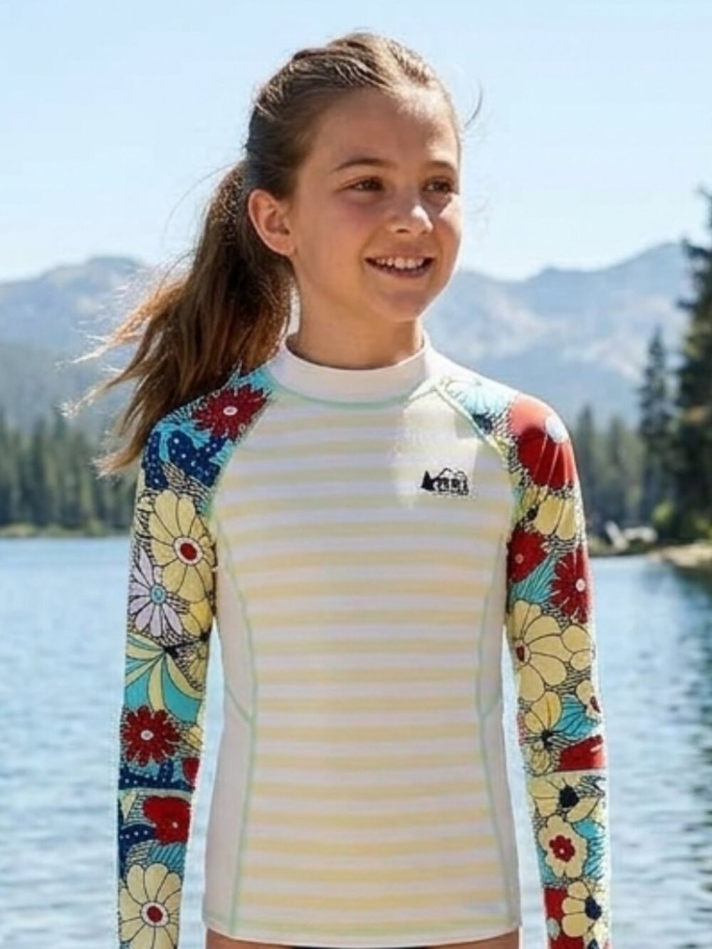 Rei Co-Op Rashguard Girls Size Medium (10-12) Red Yellow Multicolor Floral Swim